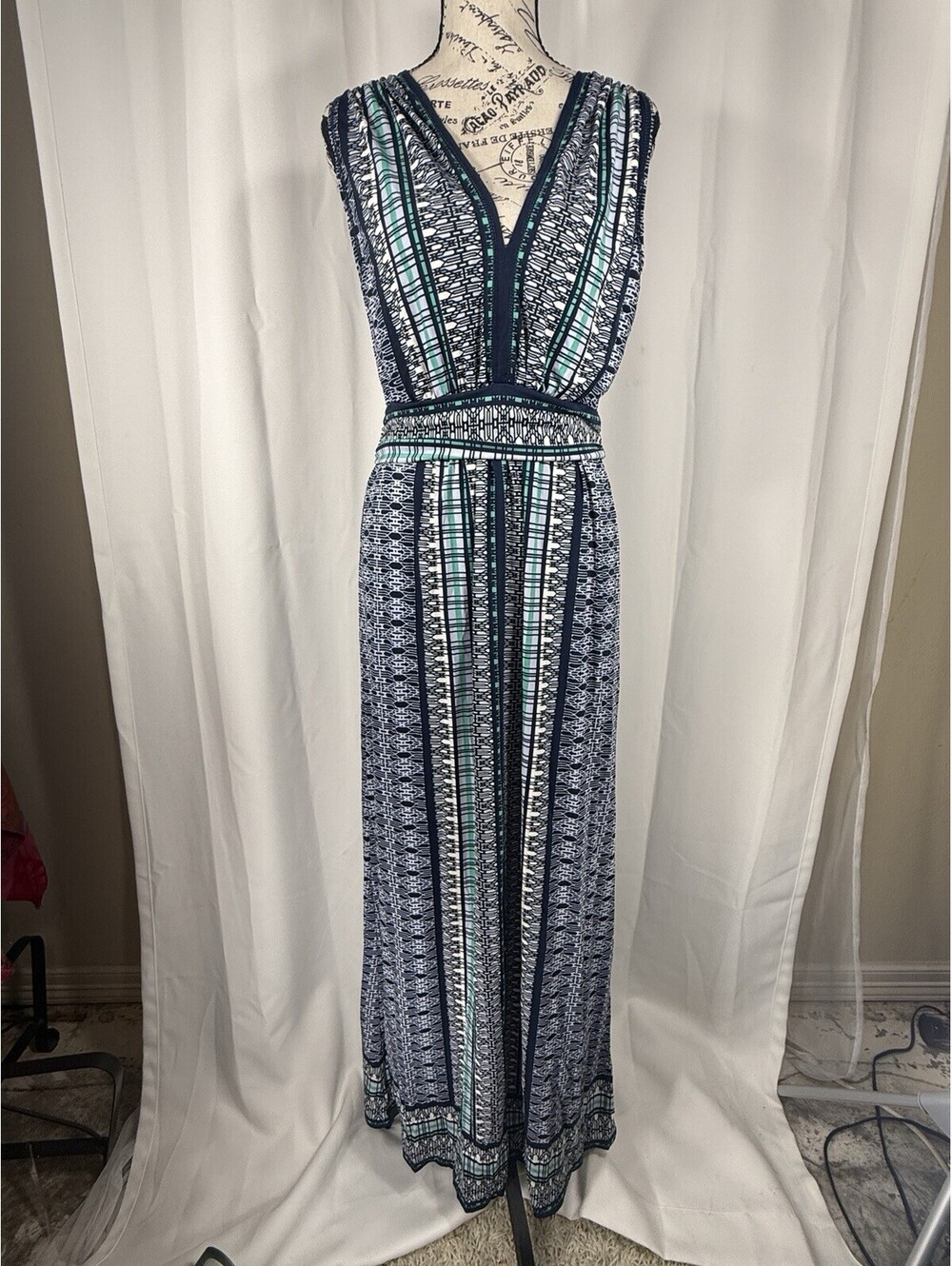 Max Studio Navy Geometric Print Maxi Dress V Neck Sleeveless Jersey Boho Size M